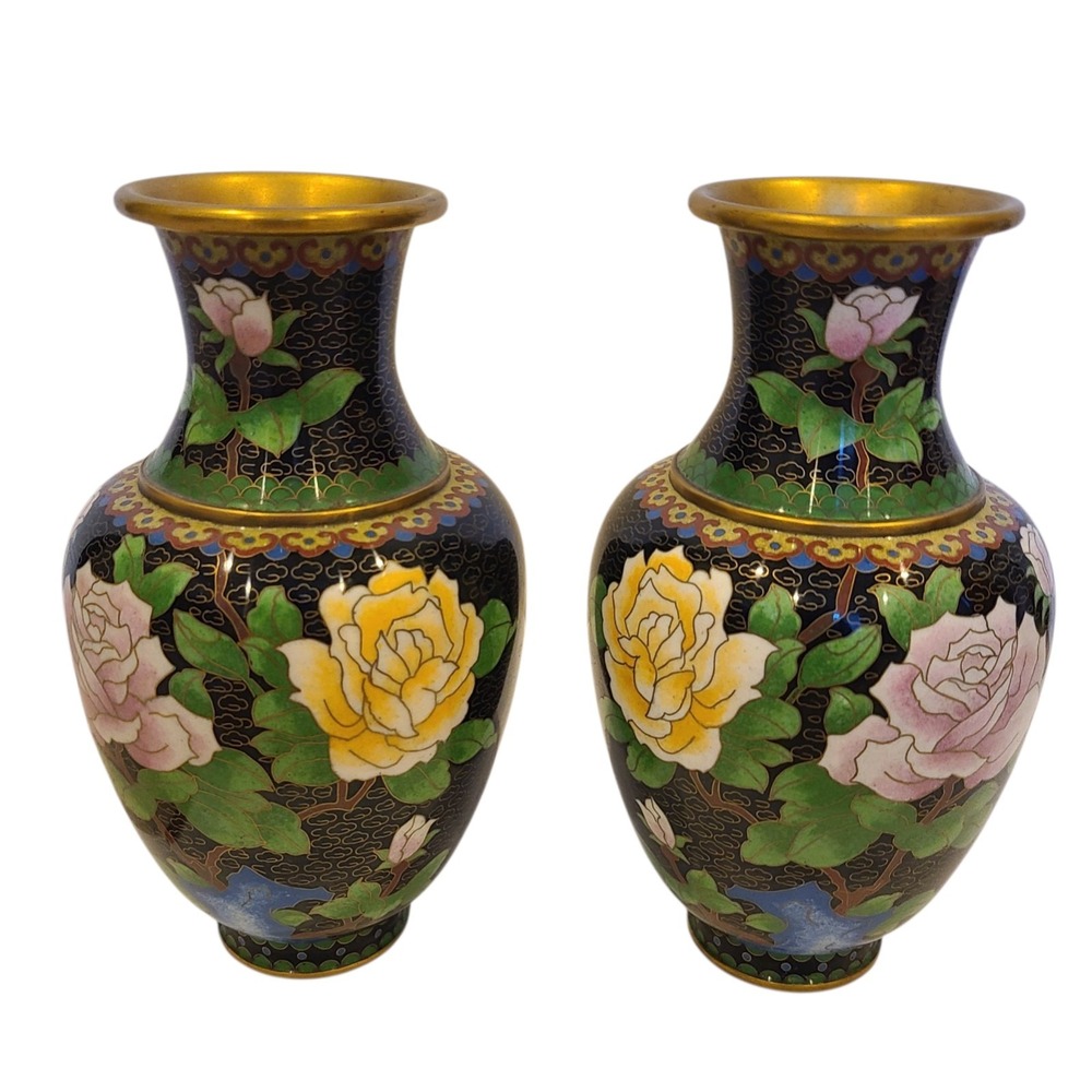 2 Cloisonne Vases Black Flower Roses Vintage Brass Enamel Pair 8.5" Home Decor